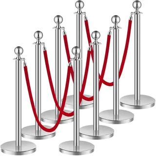 Vevor Absperrpfosten Absperrung (8 Stk.) zur Steuerung von Menschenmengen mit 4 roten Samtseilen (1,5 m lang), Absperrständer aus Edelstahl mit nachfüllbarem Sockel für Ausstellungen Silber