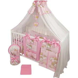 HAPPY 16 Teiliges Babybett Kinderbett und Bettwäsche komplett Set höhenverstellbar aus Massivholz für Neugeborene Babys und Kleinkinder (Rosa-Teddybär auf Leiter)