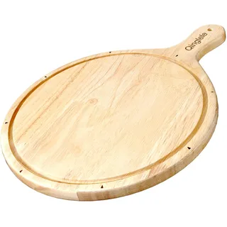 Qinglele Pizzateller Holz, Pizzabrett aus Kautschukholz Dick, Pizza-Schneidebrett Rund, Pizza-Holzbrett Groß mit Griff, Pizza-Plate für Pizza 30.5cm Durchmesser