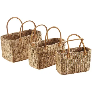 Kobolo Tasche Korbtasche Set aus Wasserhyazinthe - Lederhenkel - eckig 3er Set - Naturbelassen