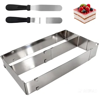 FORYNXHWIN Backrahmen Rechteckig Verstellbar - Edelstahl Backform ausziehbar mit Teiler und 2 Spatel, Quadratische Kuchenform Spülmaschinenfest für Backen, die Torten Zubereitung(Höhe: 5 cm)