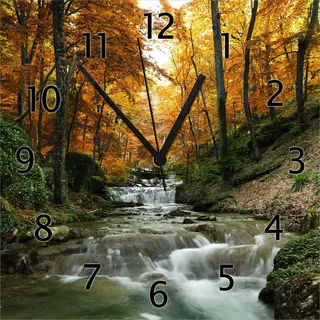 Wallario Design Wanduhr Kleiner Bach über Steine im Herbstwald aus Echtglas, Größe 30 x 30 cm - Schwarz