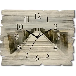 ARTland Holz Wanduhr Funkuhr - schwarzer Zeiger Steg ins Watt Größe: 40x30 cm - Creme