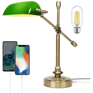 FIRVRE Bankerlampe Grün Dimmbar, Vintage LED Schreibtischlampe mit Ladefunktion, Tischlampe Touch Dimmbar e27 für Studie, Home Office, Wohnzimmer, Schlafzimmer