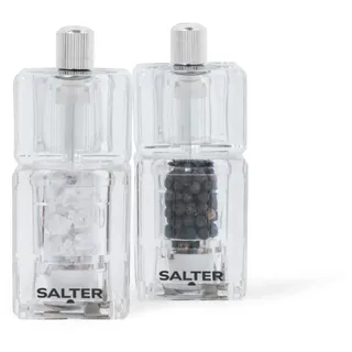 Salter 7605 CLXR Salz- & Pfeffermühlen Mini, quadratische, rautenharte Keramik, zum Mahlen gedreht, Salzkristalle &Pfefferkörner, 14g Salz/7g Pfeffer, einstellbar, fein bis grob, 9,7 cm, klar