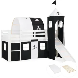 Homestyle4u Hochbett 90/200 cm Pirat mit Lattenrost + Matratze , Weiß, Schwarz , Holz , Babymöbel & Kindermöbel, Kinderzimmer & Jugendzimmer, Kinderbetten, Hochbetten