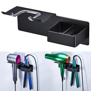 Föhn und Glätteisen Halterung, Metall Fönhalter Wand, Föhnhalterung Bad Ohne Bohren für Haartrockner und Glätteisen Aufbewahrung, Haartrocknerhalter Föhnhalter Wandhalterung für Bad Hotel (Schwarz)