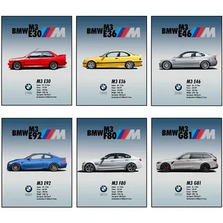 creaaro Auto-Poster BMW M3-Serie, 20,3 x 25,4 cm, 6 Poster für Schlafzimmer, Jungen, Büros oder Männerhöhlen, für Garage, E30, E46, E92, F80, G81, ungerahmt