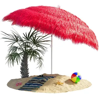 KINGSLEEVE® Sonnenschirm Hawaii Ø160cm Neigbar Höhenverstellbar UV Schutz 30+ Groß Rund Balkon Strand Strohschirm Strandschirm Bast Hawaiischirm Rot - Rot