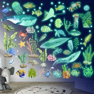 Meerestiere Wandtattoo Leuchtend Wandsticker Leuchtaufkleber Ozean Fluoreszierend Wandaufkleber Aufkleber Unterwasserwelt Meereswelt Leuchtaufkleber Für Kinderzimmer Dekorative Aufkleber