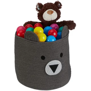 Relaxdays Aufbewahrungskorb für Kinder, Baumwollkorb Bär, H x D: 38 x 34 cm, Spielzeugkorb Kinderzimmer, Baumwolle, grau