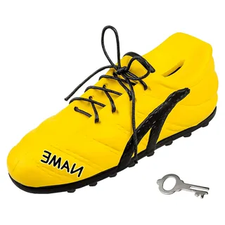 3-D Effekt Spardose - Fußballschuh - GELB - inkl. Name - mit echten Schnürsenkeln - stabile Sparbüchse aus Porzellan/Keramik