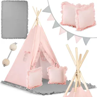 Nukido - Spielzelt für Kinder - Teepee - Spielhaus - mit Holzrahmen, Halterung und Baumwollbezug - Großes Set - mit Kissen, weicher Spielmatte, Fensterrollo, Girlande - Faltbar - Hellrosa, Grau