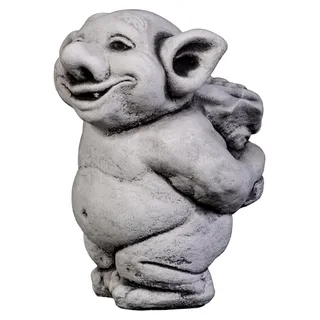 Massive Steinfigur Lustiger Troll mit Blumengruß aus Steinguss, frostbeständig, Höhe 18 cm, Grau, 3 kg