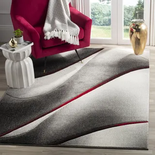 SAFAVIEH Modern Teppich für Wohnzimmer, Esszimmer, Schlafzimmer - Hollywood Collection, Kurzer Flor, Grau und Rot, 122 X 183 cm