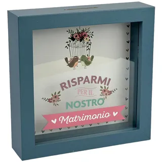 Spardose für Hochzeit, gerahmt, Blumendesign, 16 x 16 cm, Blau