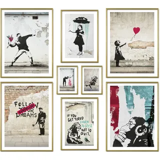 ARTFAVES® Poster Set - BANKSY STREET ART - mehrteilige Wanddeko Wohnzimmer - 8 moderne Wandbilder Collage, Girl Balloon, Flower Thrower, Umbrella - ohne Bilderrahmen