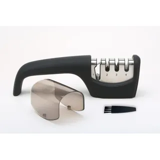 Messerschärfer mit 4 Schleif-Stufen für Messer Scheren professionell ergonomisch Keramikstein, Wolframcarbid-Scheiben, Diamant-Schleifsteine Zübehör Schutzkappe Reinigungspinsel schwarz/chrom