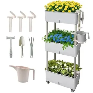 Dreistöckiges Hochbeet mit Rollen Kunststoff - Mobiles Hochbeet mit Autobewässerung 46.6x25.5x118.5cm für Garten & Balkon – Inkl. Gießkanne & Werkzeug-Set