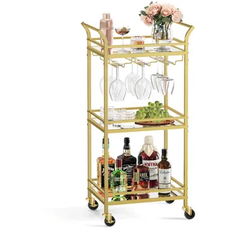VASAGLE kleine Servierwagen, Rollwagen, verspiegelte Glasablagen, goldfarben - Gold