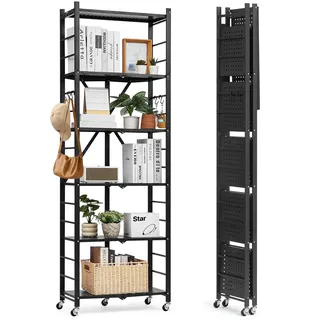 VEVOR 6 Etagen, Klappbare Regale mit Rädern, 30x61x183 cm, Faltbares Schwerlastregal, montagefreies Standregal, Haushaltsregal, Küchenregal, Metallregal für Garage, Küche, Keller, schwarz