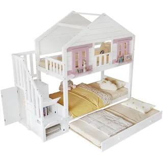 Etagenbett mit 2 Liegeflächen, Gästebett, Kleiderschrank, Lattenrost, Rausfallschutz, Treppe, 90x200cm, Kinderbett, Hausbett, Kiefer - Weiß