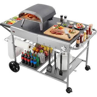 VEVOR Grillwagen für den Außenbereich, 800 x 610 mm Edelstahl-Tischgröße Grilltisch, Außengrilltisch mit 4 Rädern & Seitengriff, zwei Netzablagen, BBQ-Vorbereitungstische für Terrasse, Garten, Eisenarbeitsplatte, 925x595 mm
