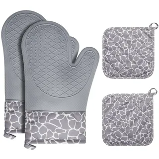 cozary Ofenhandschuhe Topflappen Set, Hitzebeständige 1 Paar Ofenhandschuhe und 2 Topflappen, Anti-Rutsch Silikon Topflappen Handschuh für Kochen Backen Grillen - Grau