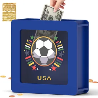 Summidate Fußball Spardose aus Holz, Personalisierte Sparbox mit DIY Buchstaben Aufklebern, Fußball Geldspardose mit Sichtfenster, Spardose für Kinder & Erwachsene, Geschenk für Fußballfans Blau