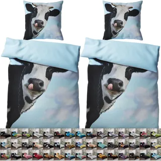 SANILO® Bettwäsche 135x200 cm, 100% feinste Baumwolle, 4-teilig, Bettbezug, Kissenbezug 80x80cm - Kuhkopf