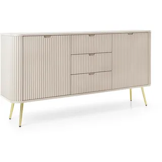 Selsey Zova Kommode Grau-beige - Modernes Sideboard mit 3 Schubladen & Fächern - Platinschicht Holz & MDF Matt - Goldene Metallfüße - Für Wohnzimmer/Schlafzimmer - Maße: 87x168x39 cm, Höhe Füße: 23 cm