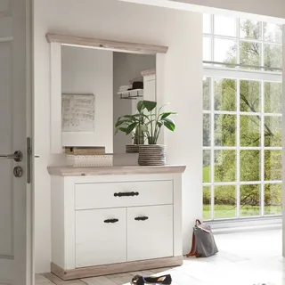 Garderoben Kommode mit Spiegel FERNA-61 Landhausstil in Pinie weiß Nb. mit Pinie dunkel Nb., B/H/T: ca. 107/201/45 cm - Braun