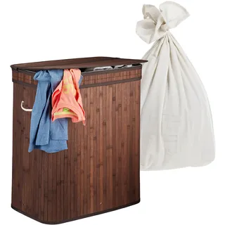 Relaxdays Wäschekorb mit Deckel, 3 Fächer, Bambus, 105 l, faltbar, HxBxT: 63x52x32 cm, Wäsche Sortiersystem, Dunkelbraun