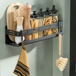 CZKDTT Gewürzregal Selbstklebend, Küchenregal Wand Ohne Bohren, Schranktür Hängend Mit 4 Abnehmbaren Haken, Organizer für Küche, 40cm Schwarz