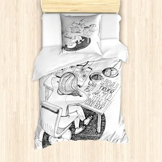 ABAKUHAUS Buch Mantele, Mädchen und Katze mehr lesen Desk, Milbensicher Allergiker geeignet mit Kissenbezügen, 135 cm x 200 cm - 80 x 80 cm, Schwarz-Weiss - Schwarz