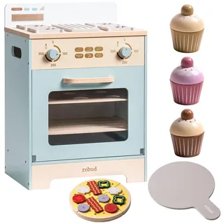 ROBUD Holz Kinderofen, Spielzeug Küchen Set für Kinder mit Cupcakes, Pizza, Tablett Jungen & Mädchen.