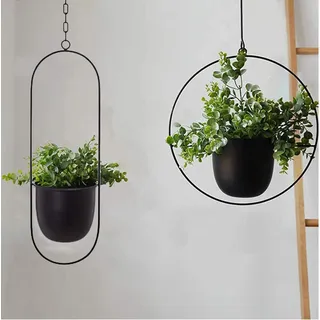 Schwarzer Metall-Deckenhängender Blumentopf für Sukkulenten - dekorativer Blumentopf Wanddekoration (oval)