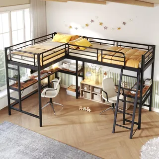 Flieks Etagenbett 90x200cm mit Lattenrost, Hochbett mit Schreibtisch, Kinderbett mit Rausfallschutz, Metallbett Stockbett 2 Kinder, Schwarz - Schwarz