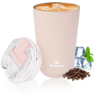 Philorn Thermobecher Kaffee to go Becher - 13oz/380ml Kaffeebecher to go mit Deckel, Auslaufsicher Coffee to-go Becher Thermo aus Edelstahl, Wiederverwendbar Kaffee Thermobecher, Rosa