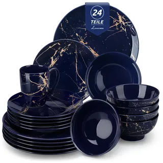 LOVECASA Daphne Porzellan Geschirrset 24-teilig für 6 Personen, Marineblau mit Gold Marmor Design, Tafelservice Set mit Essteller, Dessertteller, Schüssel und Tassen