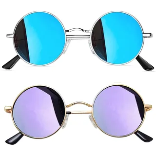 Joopin Verspiegelte Runde Sonnenbrille Herren Polarisiert Lila Retro Vintage Hippie Sonnenbrille Blau Gläser (Silber Blau und Gold Violett)