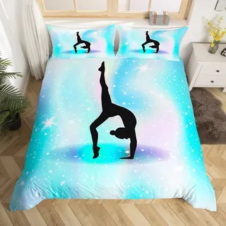 Homewish Gymnastik Bettbezug 135x200 Kinder, Gymnastik Liebhaber Bettwäsche Set für Mädchen Jugendliche, Weltraum Sterne Glitzer Bettbezug Set Mit Sternenhimmel Regenbogen Dekor 3D Muster Blaugrün