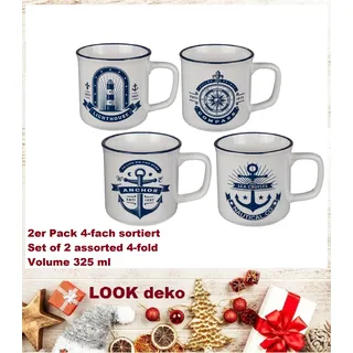 2-GLÜHWEINTASSEN-BECHER-MARITIM-TEATIME-ANKER-KOMPAß-LEUCHTTURM-STEINGUT 9x8cm