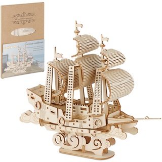 Relaxdays 3D Puzzle Schiff, HBT: 18x22x6,5 cm, Holzpuzzle Kinder & Erwachsene, Modellbausatz, Schiffsmodell, Holz, Natur