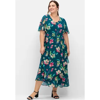 Abendkleid SHEEGO "Abendkleid", Damen, Gr. 50, Normalgrößen, rot (dunkelpetrol, gemustert), 100% Polyester, Futter:100% Polyester, geblümt, gemustert, mehrfarbig, lang, V-Ausschnitt, Kleider Abendkleid