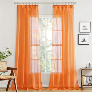 MIULEE Gardinen Vorhänge mit Kräuselband Vorhang Transparente Gardine aus Einfarbig Transparent Sheer Voile Wohnzimmer Luftig Dekoschal für Schlafzimmer 2er Set 245 x 140cm (H x B) Orange