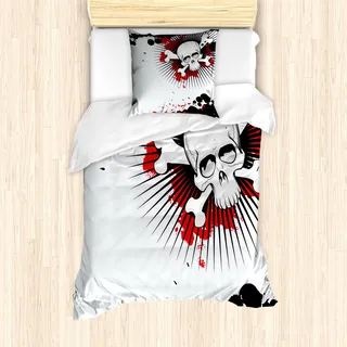 ABAKUHAUS Halloween Mantele, Schädelknochen Grunge, Milbensicher Allergiker geeignet mit Kissenbezügen, 135 cm x 200 cm - 80 x 80 cm, Perle Rot Schwarz