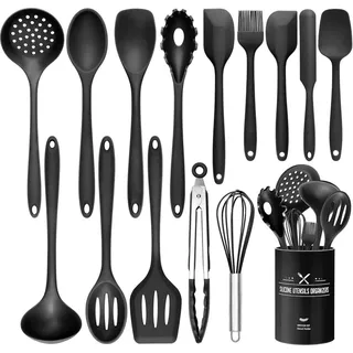 15-teiliges Silikon Küchenutensilien Set mit Utensilienhalter in Schwarz