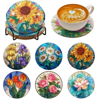 BNG Blumenmuster Diamond Painting Untersetzer Mit Halter, 6 Stück Rosen Gänseblümchen Tulpen DIY Bastel Untersetzer für Erwachsene, Kunstmalerei Sets für Frauen, Anfänger, Diamant Bastelzubehör