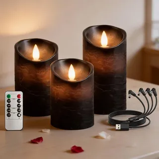 RosMank 3er Set LED-Kerzen, mit 10-Tasten-Fernbedienung, Flammenlos, aus Echtem Wachs, mit Flackernder Flamme, Dekoration für Weihnachten, Geburtstag, Hochzeit und Party, Schwarz